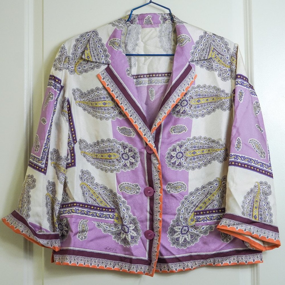 ETRO Milano Silk Blouse Top, Purple White Paisley, Size 46 Italy/ Medium
